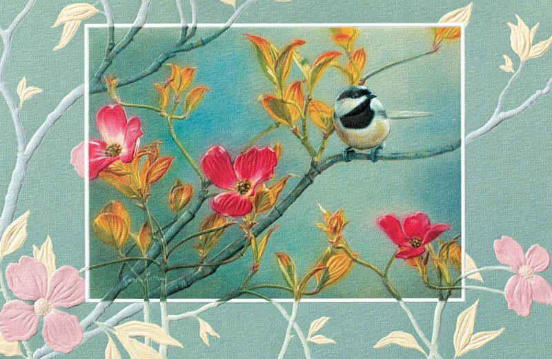 Chicadee in Pink Dogwood | Embossed greeting cards