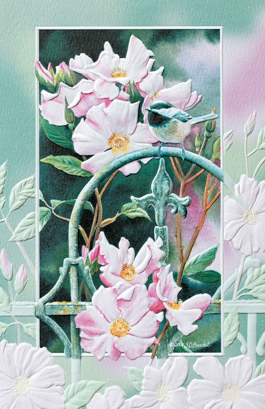 Wild Rose Chickadee | Chickadee embossed greeting cards