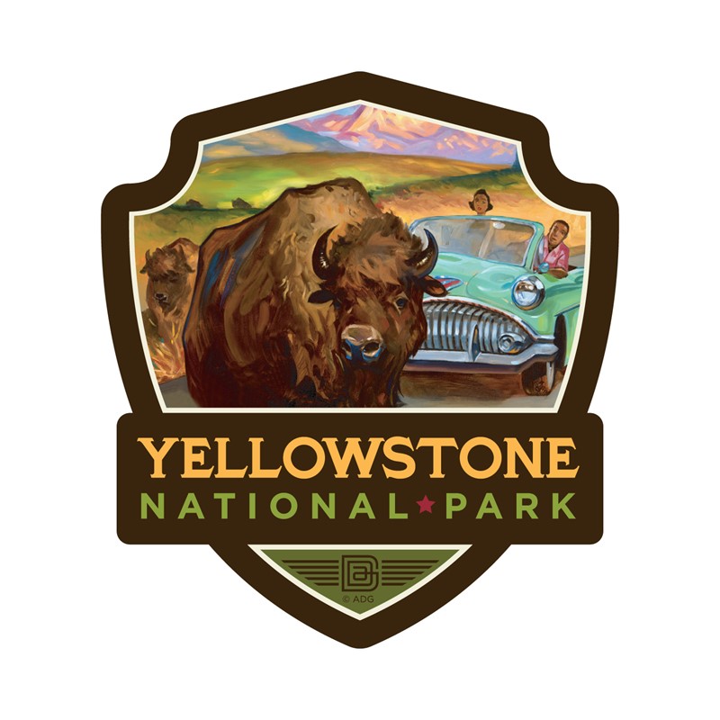 Yellowstone NP Bison Crossing Small Emblem Sticker Made in the USA