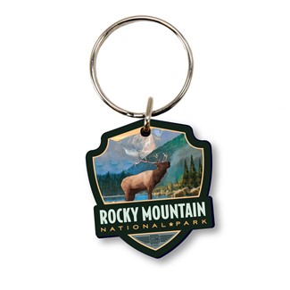 Rocky Mountain NP Bull Elk Emblem Wood Key Ring | American Made