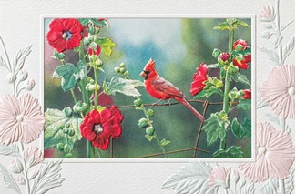 Cardinal In Hollyhocks (BDIN) Folded - W/Env