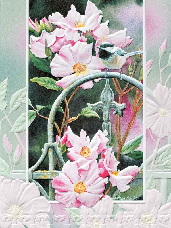 Chickadee In Roses Embossed Inspirational Songbird Greeting Cards